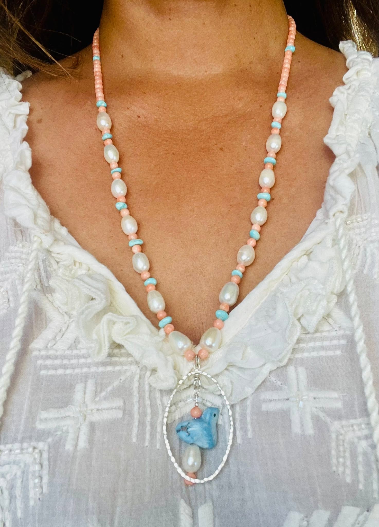 Zuni Jovanna Poblano Signed Silver, Coral, Pearl & Turquoise Fetish Bird Necklace 56/