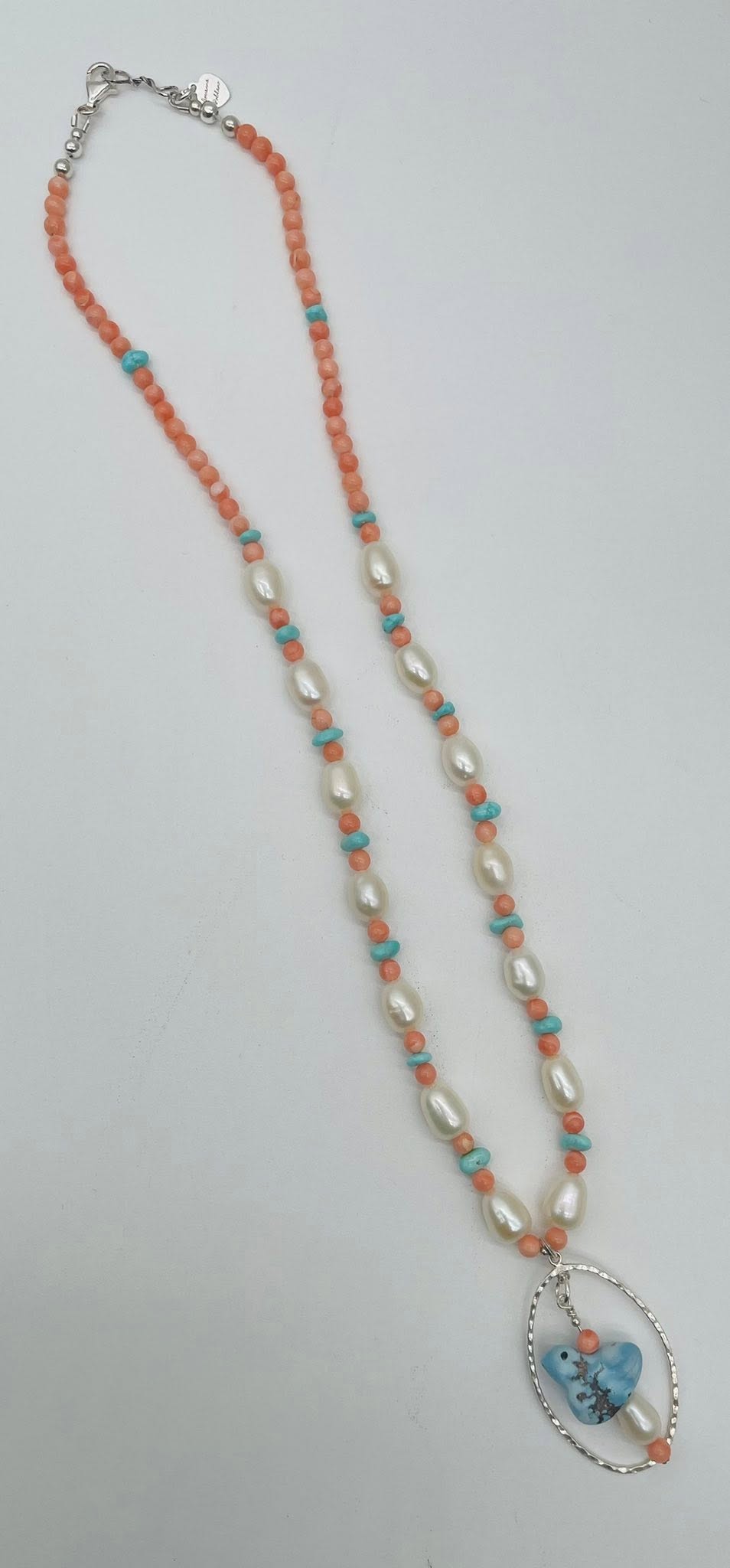 Zuni Jovanna Poblano Signed Silver, Coral, Pearl & Turquoise Fetish Bird Necklace 56/ - Image 3