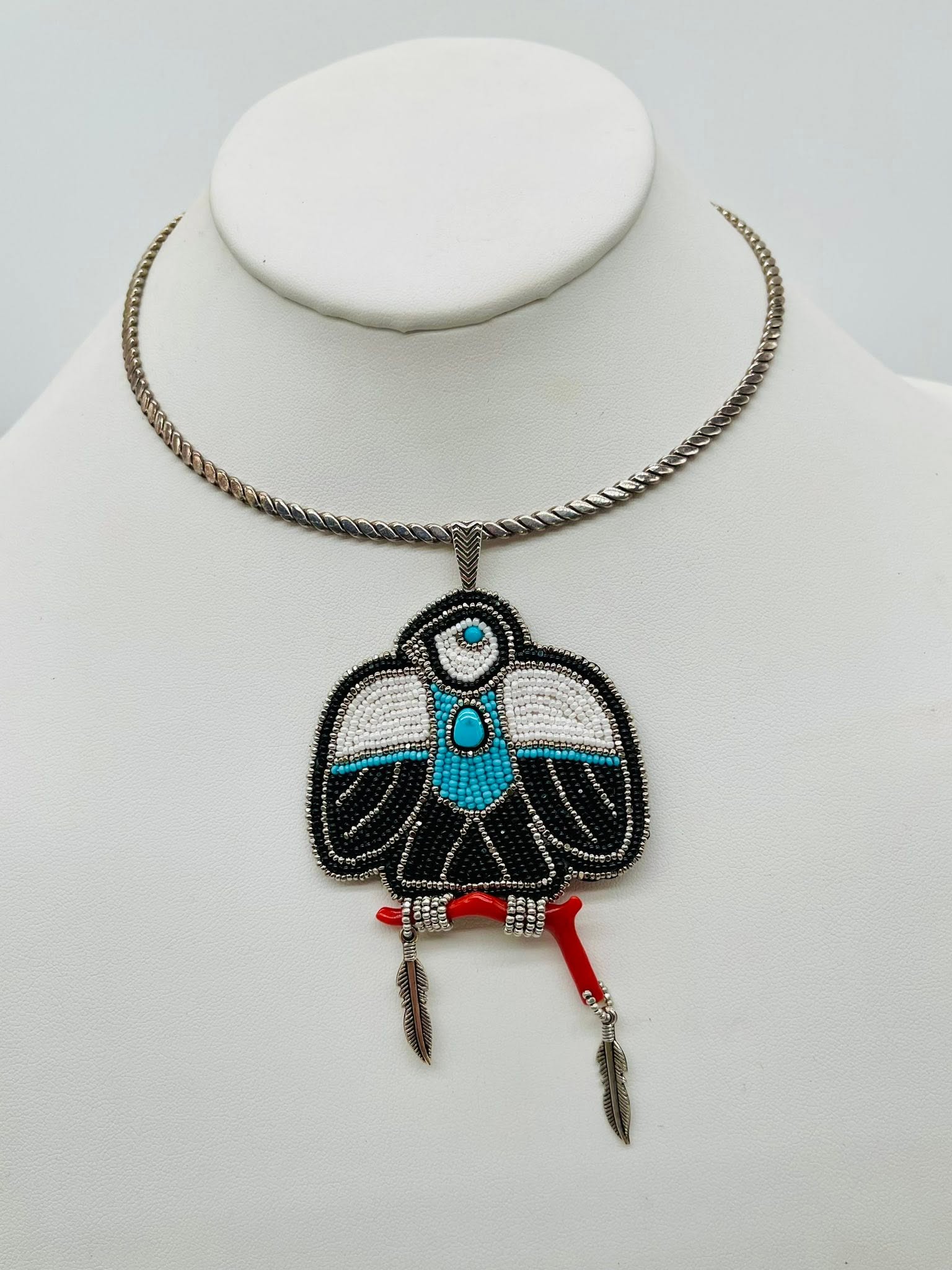 Zuni Jovanna Poblano Signed Beaded Thunderbird Turquoise & Italian Coral Pendant 55/ - Image 3