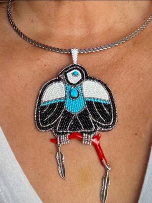 Zuni Jovanna Poblano Signed Beaded Thunderbird Turquoise & Italian Coral Pendant 55/