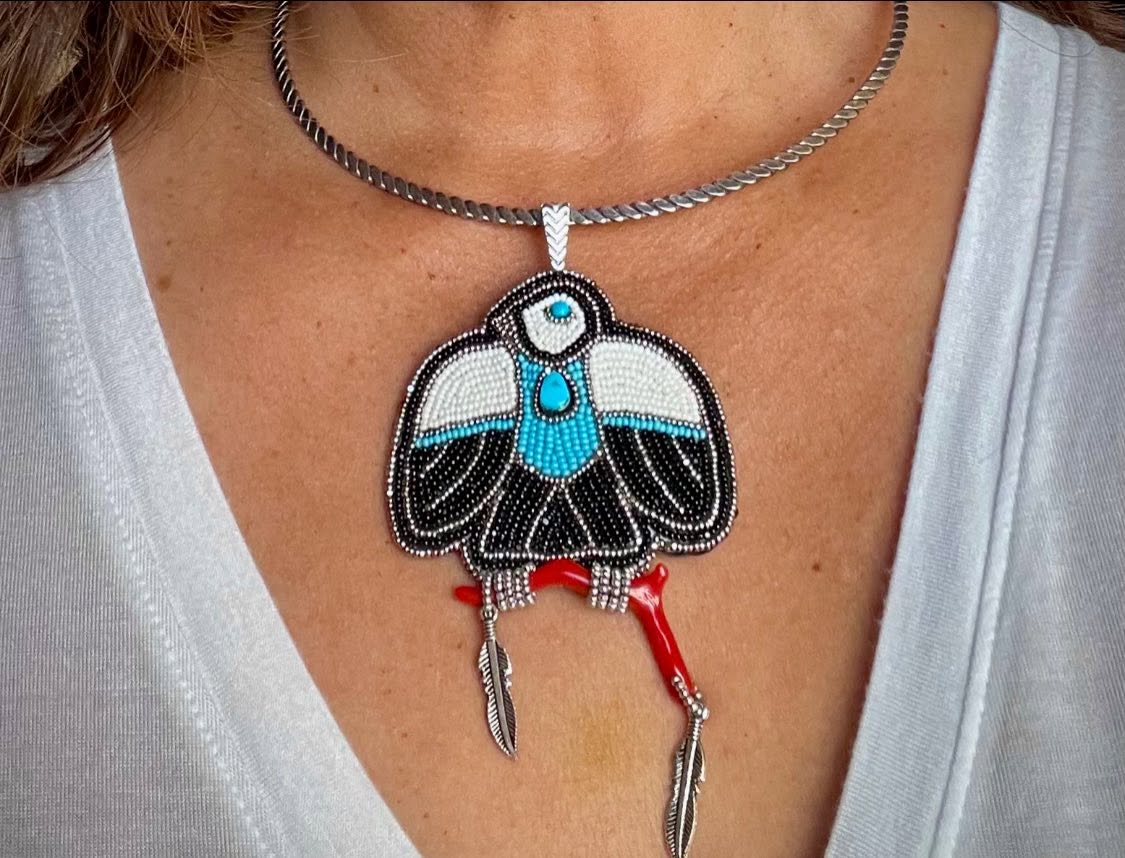 Zuni Jovanna Poblano Signed Beaded Thunderbird Turquoise & Italian Coral Pendant 55/