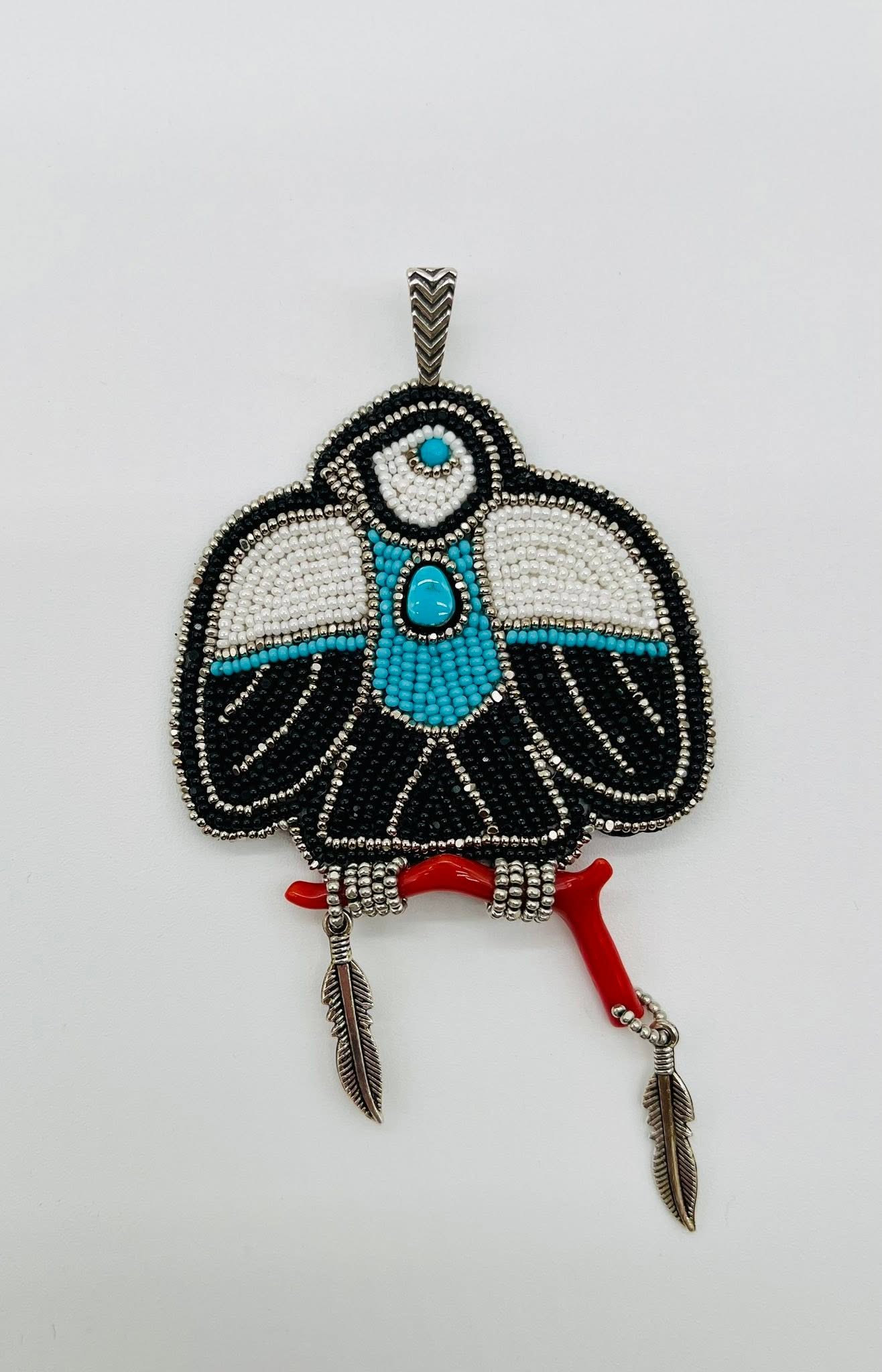 Zuni Jovanna Poblano Signed Beaded Thunderbird Turquoise & Italian Coral Pendant 55/ - Image 2