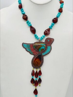 Zuni Jovanna Poblano Signed Peridot, Agate, Amber & Turquoise Beaded Bird Necklace 51/