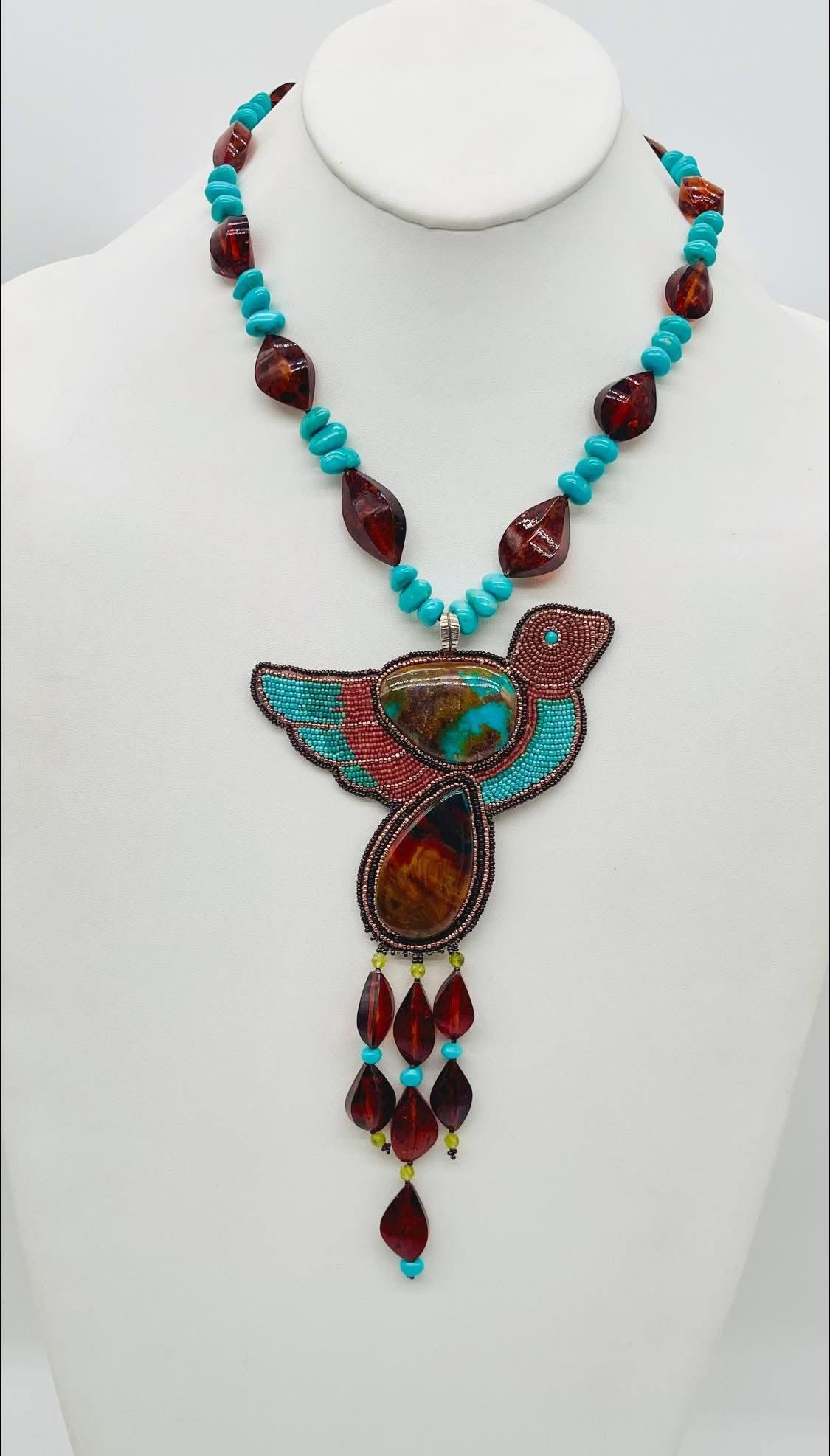 Zuni Jovanna Poblano Signed Peridot, Agate, Amber & Turquoise Beaded Bird Necklace 51/