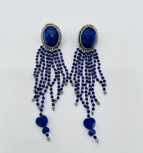 Zuni Jovanna Poblano Lapis Beaded Lazuli Heart Post Dangle Earrings 54/