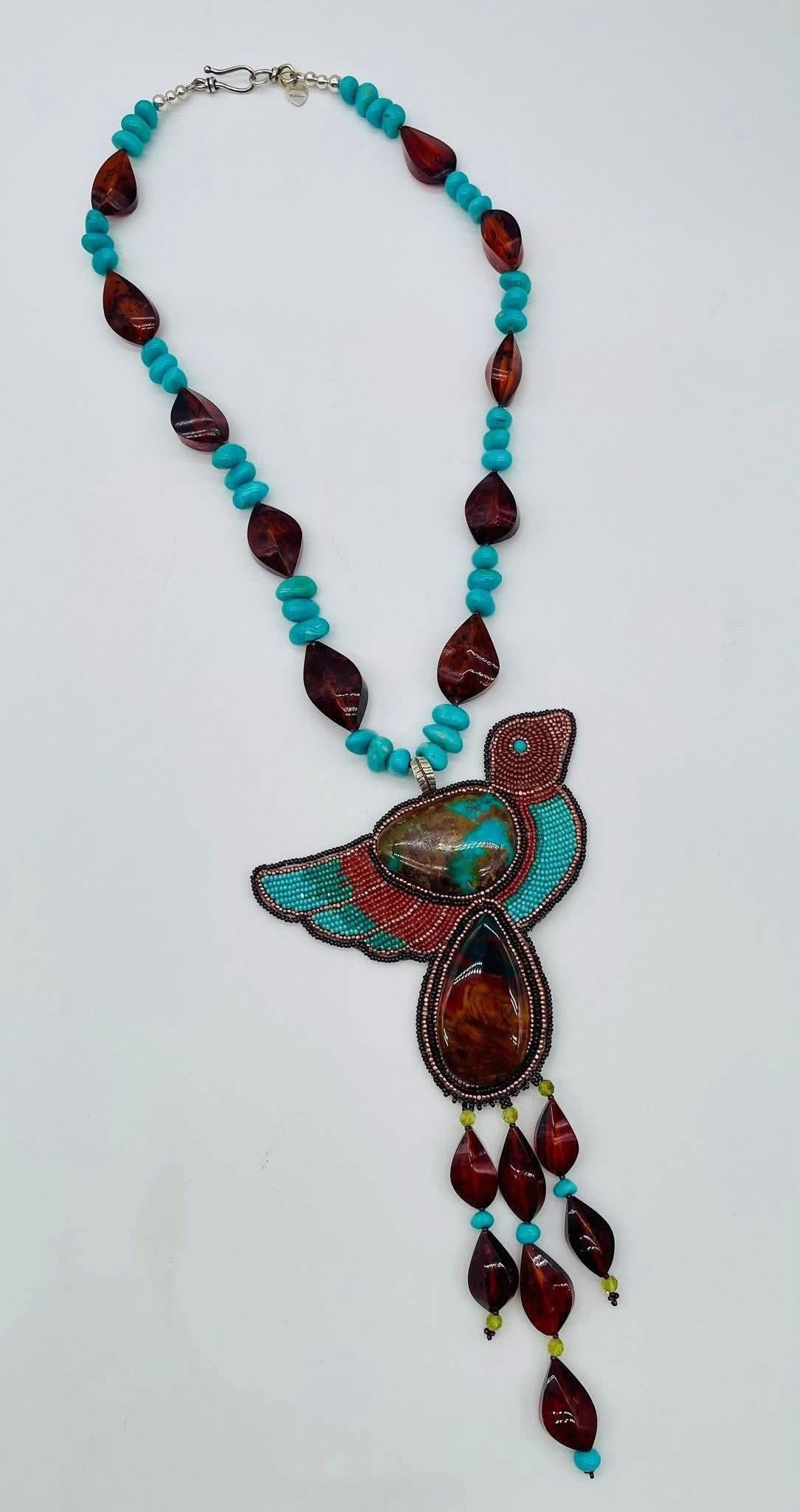 Zuni Jovanna Poblano Signed Peridot, Agate, Amber & Turquoise Beaded Bird Necklace 51/ - Image 3