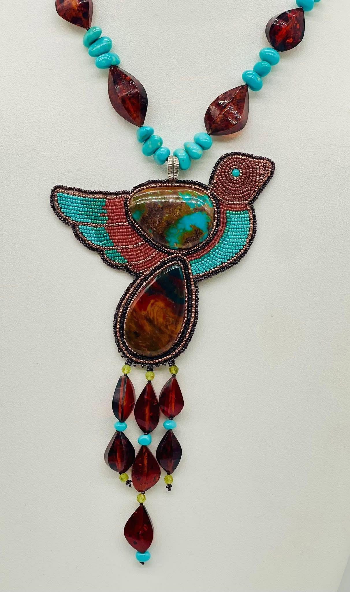Zuni Jovanna Poblano Signed Peridot, Agate, Amber & Turquoise Beaded Bird Necklace 51/ - Image 5