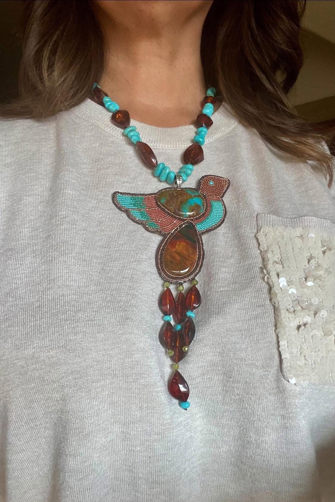 Zuni Jovanna Poblano Signed Peridot, Agate, Amber & Turquoise Beaded Bird Necklace 51/ - Image 4