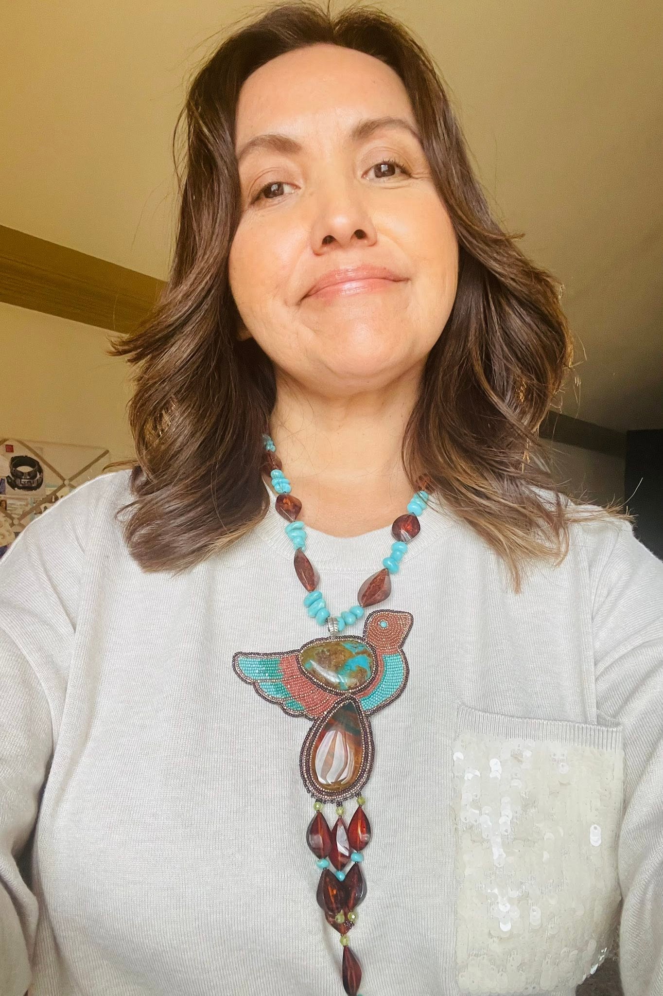 Zuni Jovanna Poblano Signed Peridot, Agate, Amber & Turquoise Beaded Bird Necklace 51/ - Image 2