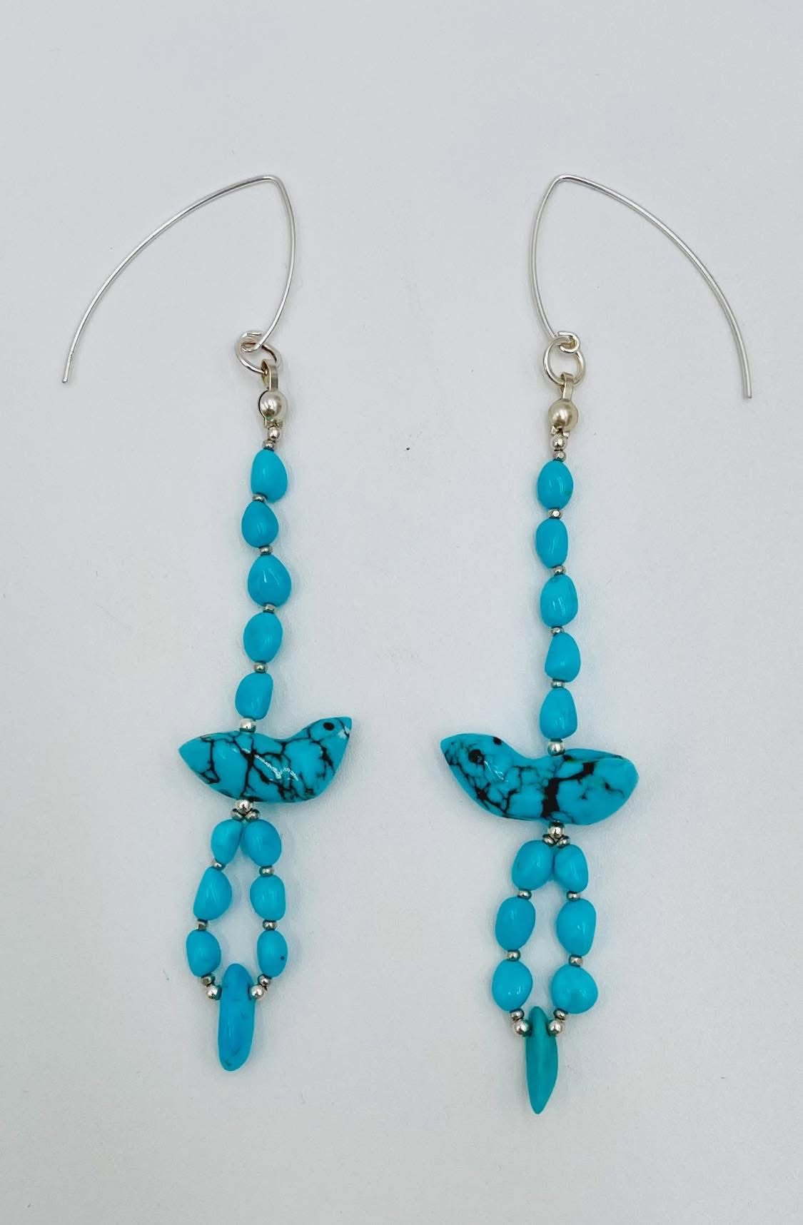 Zuni Jovanna Poblano Signed Sleeping Beauty/Egyptian Turquoise Fetish Bird Hook Earrings 53/