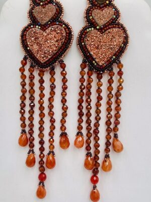 Zuni Jovanna Poblano Signed Beaded Drusy Hessonite & Carnelian Hook Dangle Earrings 52/