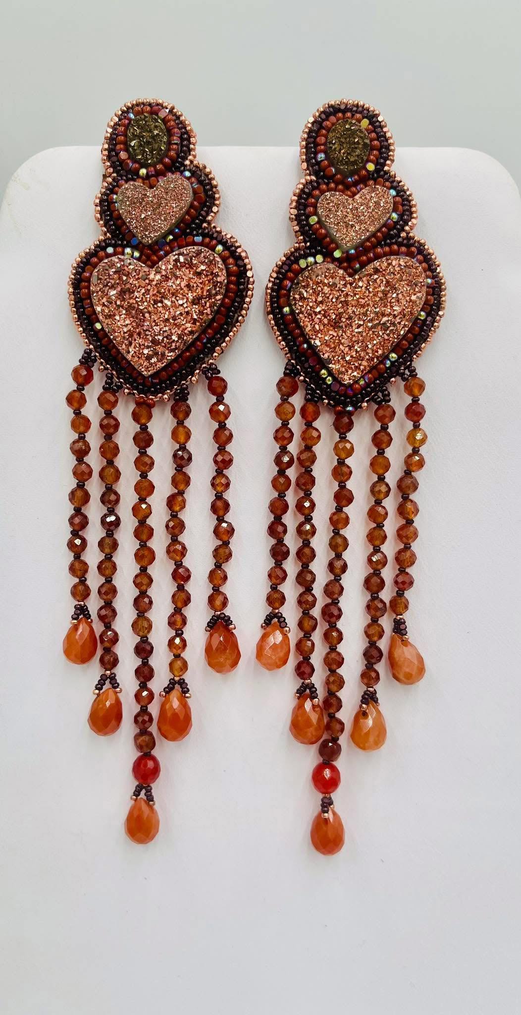 Zuni Jovanna Poblano Signed Beaded Drusy Hessonite & Carnelian Hook Dangle Earrings 52/