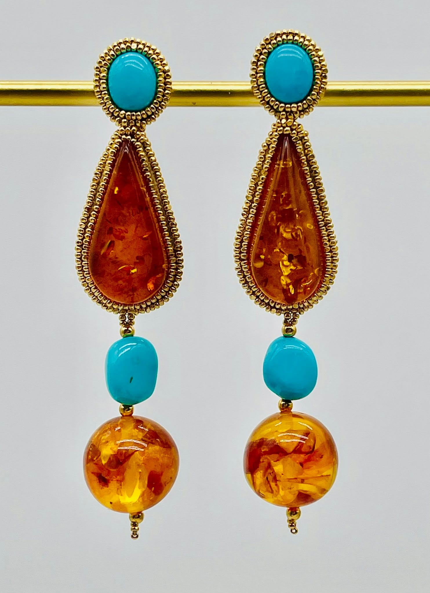 Zuni Jovanna Poblano Signed Beaded Sleeping Beauty Turquoise & Amber Post Dangle Earrings 50/ - Image 3