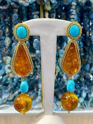 Zuni Jovanna Poblano Signed Beaded Sleeping Beauty Turquoise & Amber Post Dangle Earrings 50/