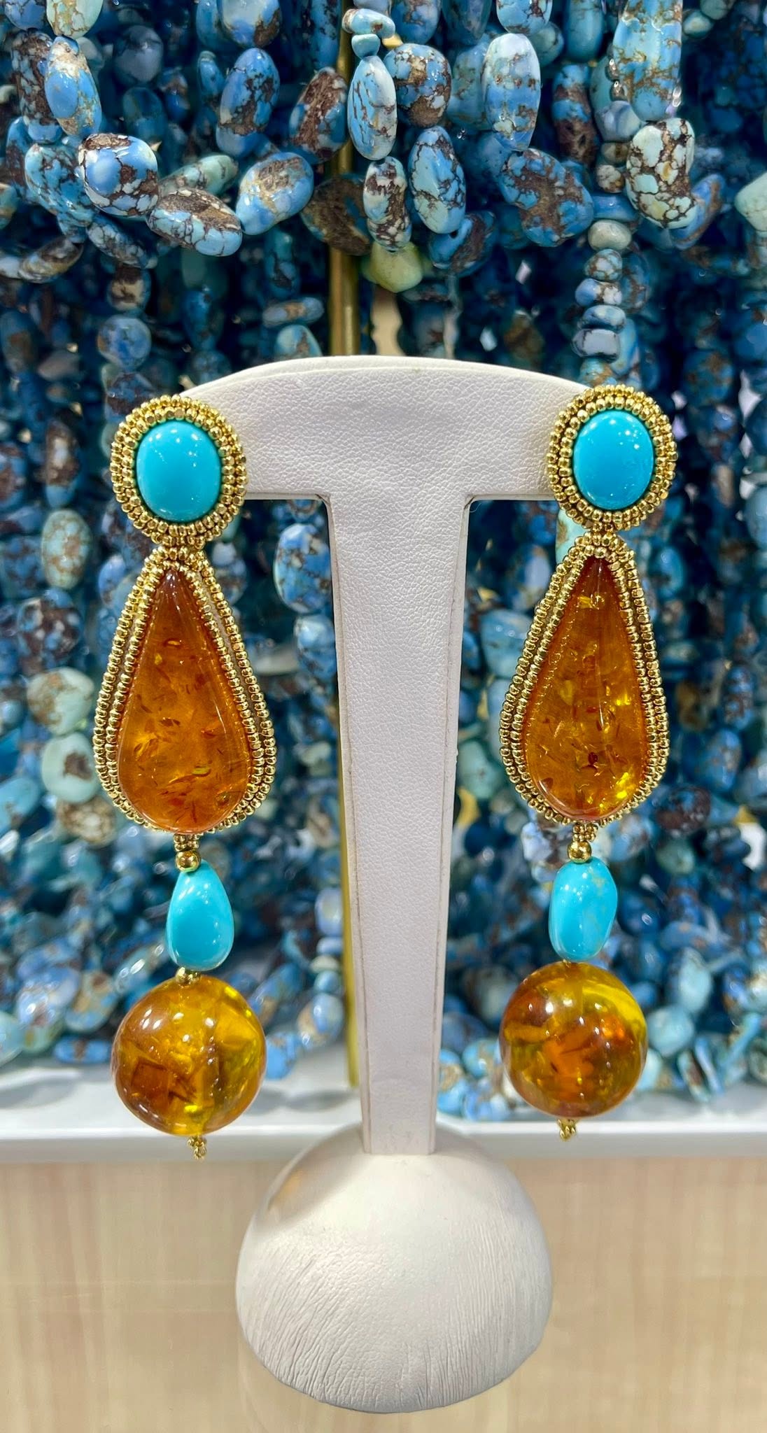 Zuni Jovanna Poblano Signed Beaded Sleeping Beauty Turquoise & Amber Post Dangle Earrings 50/