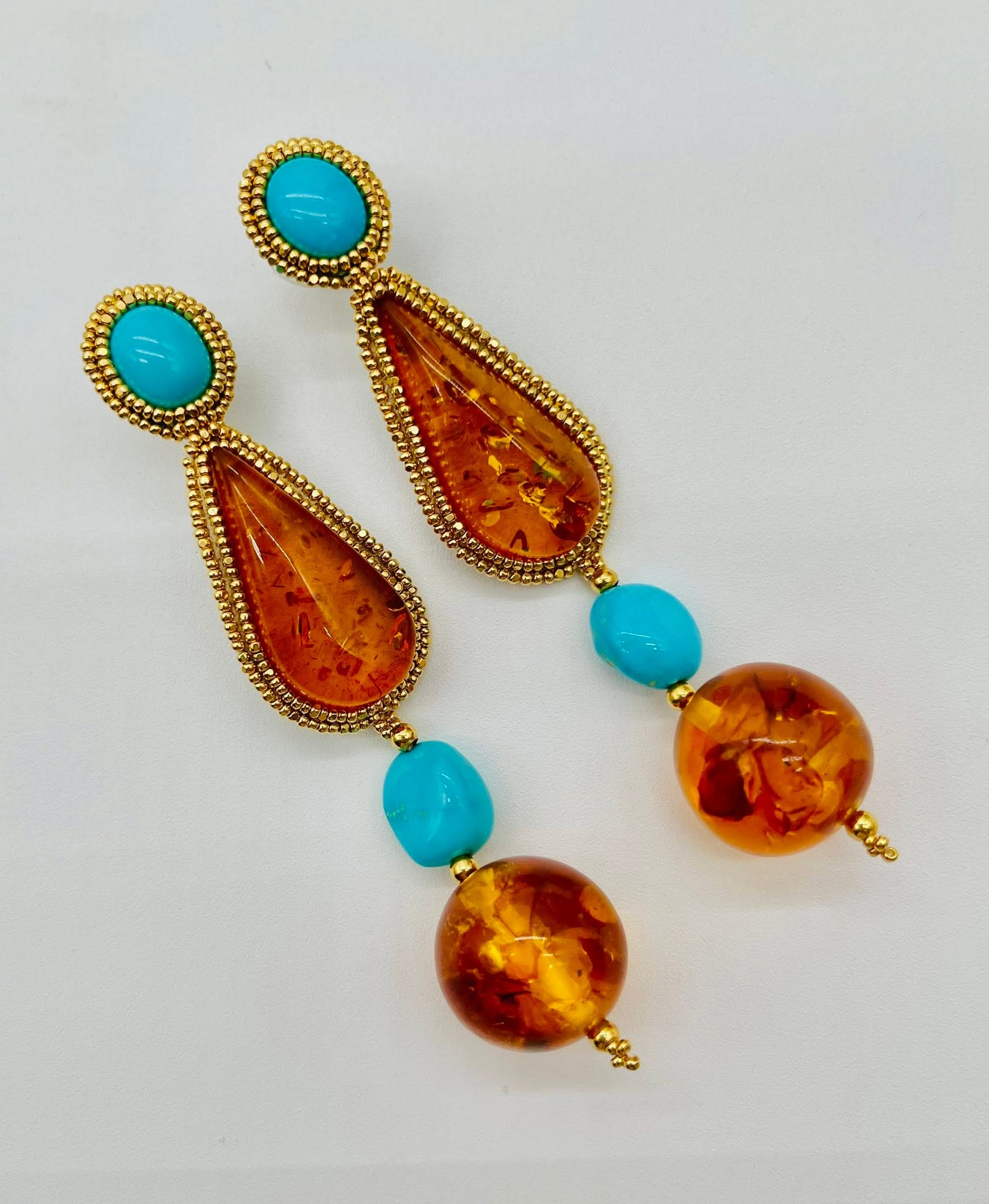 Zuni Jovanna Poblano Signed Beaded Sleeping Beauty Turquoise & Amber Post Dangle Earrings 50/ - Image 2