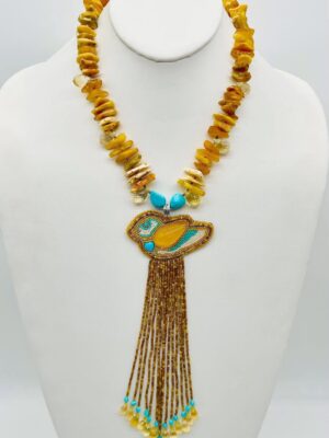 Zuni Jovanna Poblano Signed Citrine, Amber & Turquoise Beaded Bird Necklace 49/