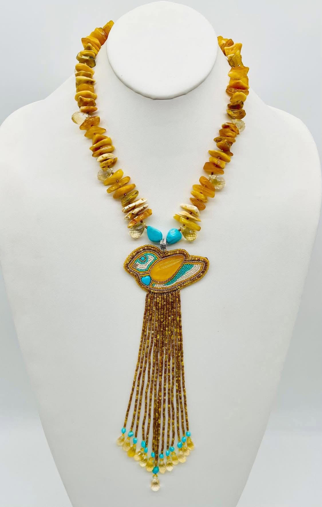 Zuni Jovanna Poblano Signed Citrine, Amber & Turquoise Beaded Bird Necklace 49/