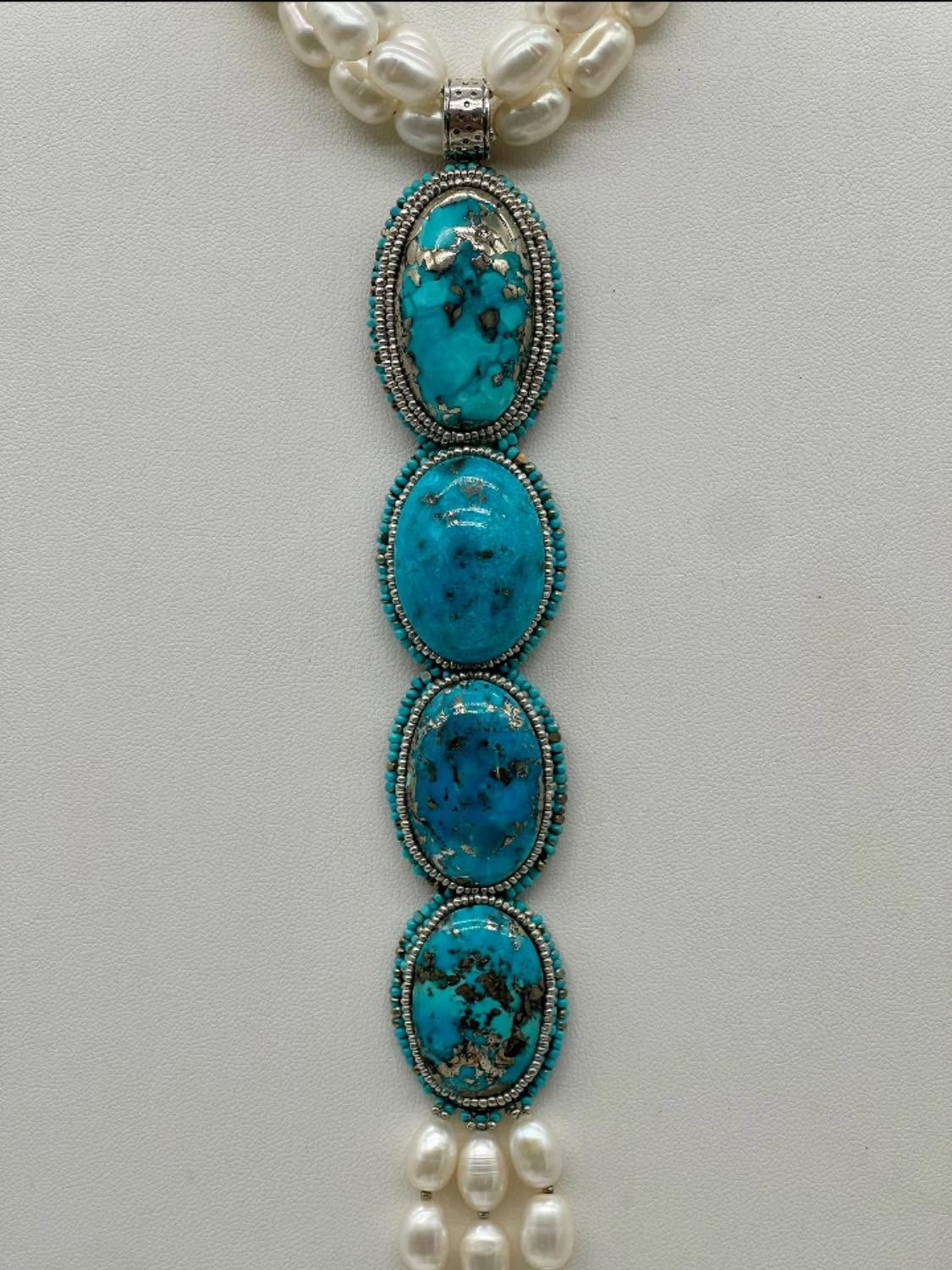 Zuni Jovanna Poblano Signed Beaded Natural Persian Turquoise & Pearls Lariat Necklace 41/ - Image 5