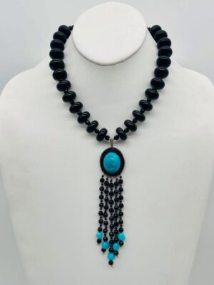Zuni Jovanna Poblano Signed Beaded Persian Turquoise & Black Jet Necklace 47/