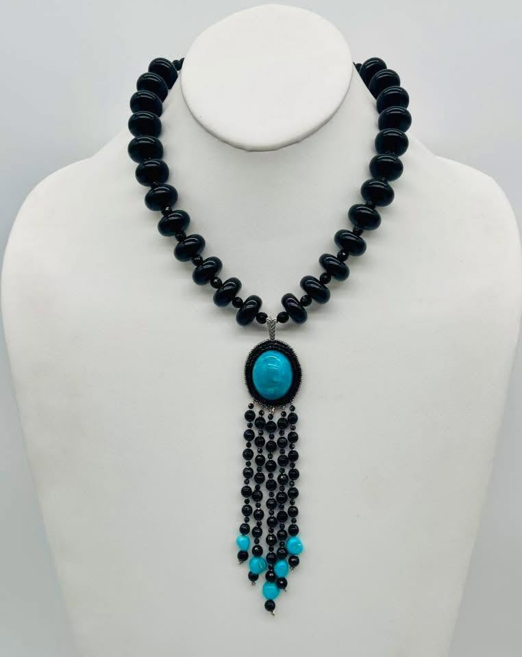 Zuni Jovanna Poblano Signed Beaded Persian Turquoise & Black Jet Necklace 47/