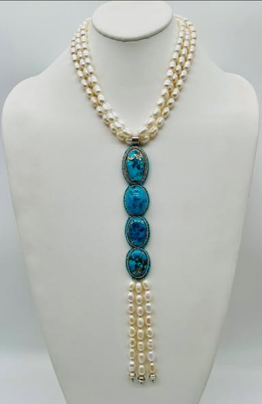 Zuni Jovanna Poblano Signed Beaded Natural Persian Turquoise & Pearls Lariat Necklace 41/ - Image 6
