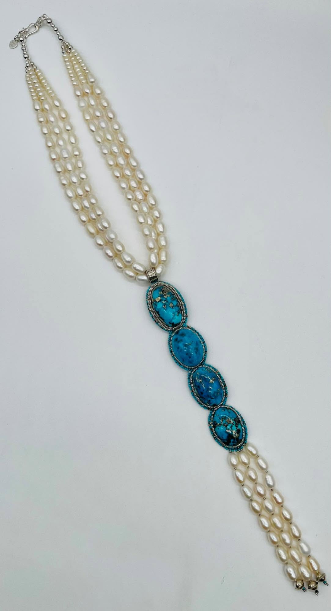 Zuni Jovanna Poblano Signed Beaded Natural Persian Turquoise & Pearls Lariat Necklace 41/ - Image 4