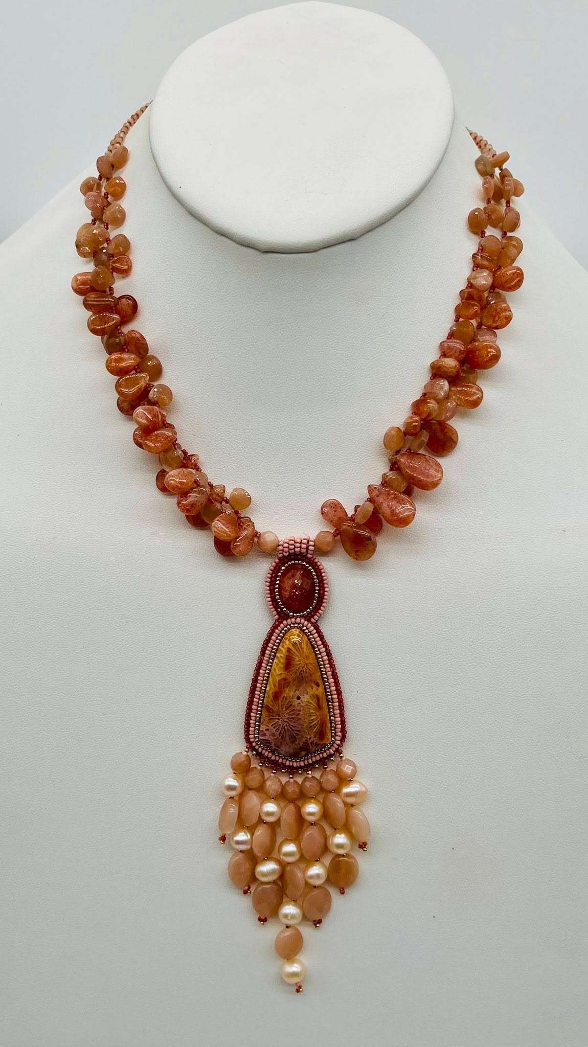 Zuni Jovanna Poblano Signed Beaded Moonstone & Sunstone Necklace 48/