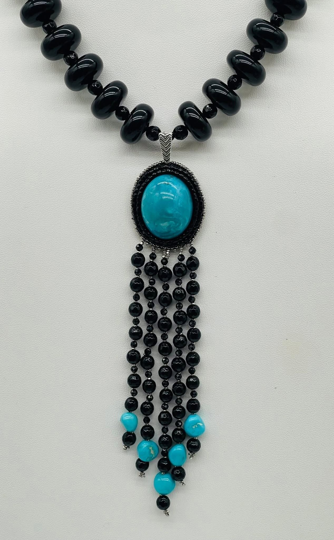 Zuni Jovanna Poblano Signed Beaded Persian Turquoise & Black Jet Necklace 47/ - Image 2