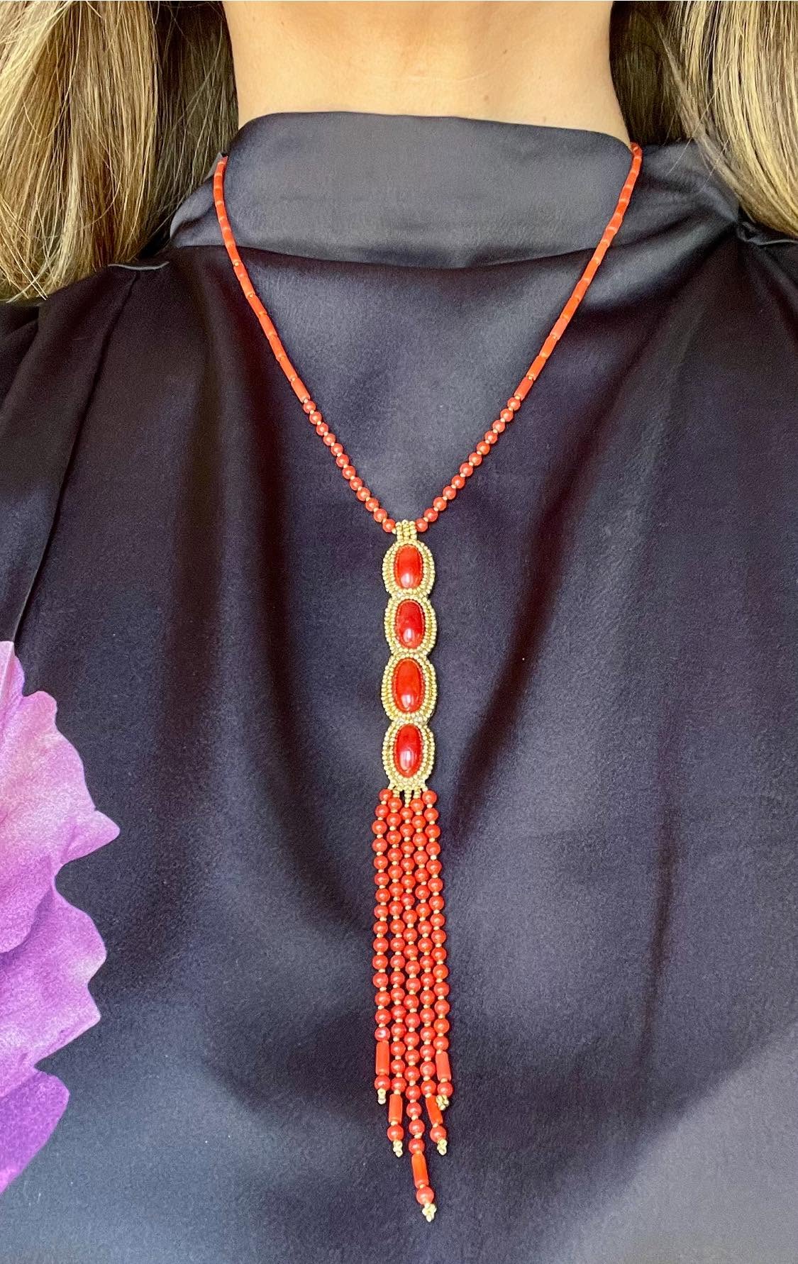 Zuni Jovanna Poblano Signed Beaded Italian Coral & Gold Beads Lariat Necklace 46/ - Image 4
