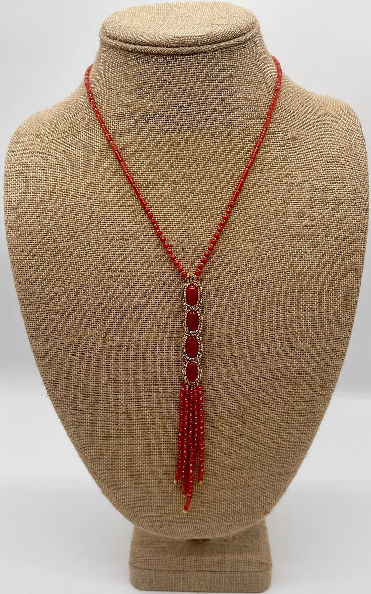 Zuni Jovanna Poblano Signed Beaded Italian Coral & Gold Beads Lariat Necklace 46/