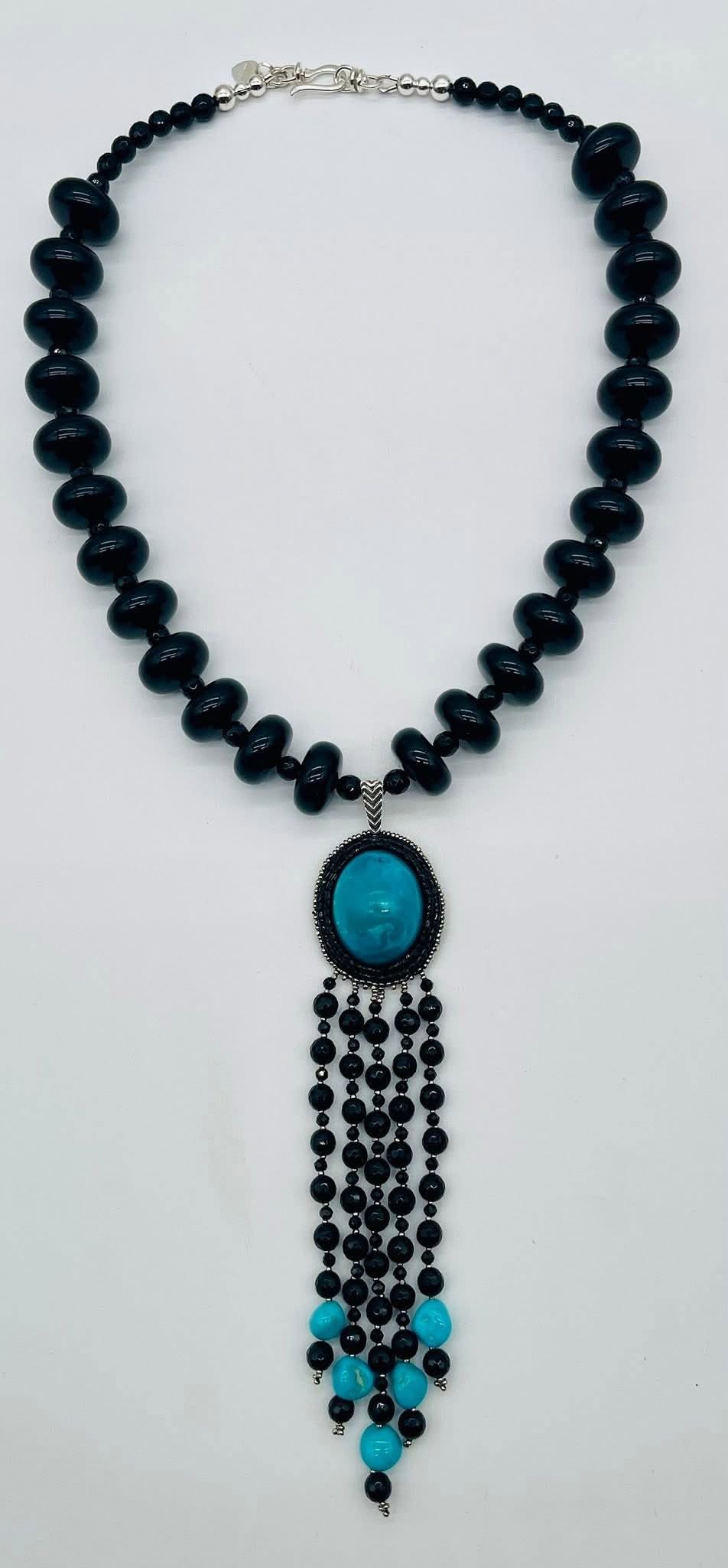 Zuni Jovanna Poblano Signed Beaded Persian Turquoise & Black Jet Necklace 47/ - Image 3