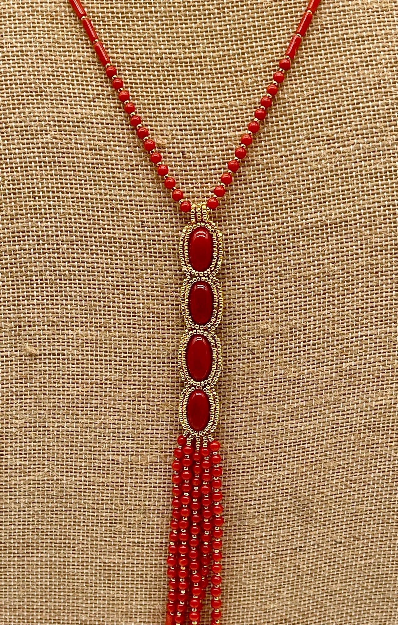 Zuni Jovanna Poblano Signed Beaded Italian Coral & Gold Beads Lariat Necklace 46/ - Image 3