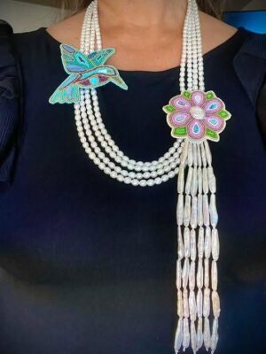 Zuni Jovanna Poblano Signed Pearl, Australian Opal & Turquoise Beaded Hummingbird Flower Bird Necklace 35/