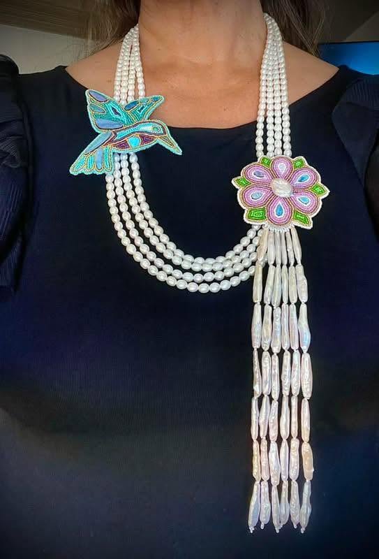 Zuni Jovanna Poblano Signed Pearl, Australian Opal & Turquoise Beaded Hummingbird Flower Bird Necklace 35/