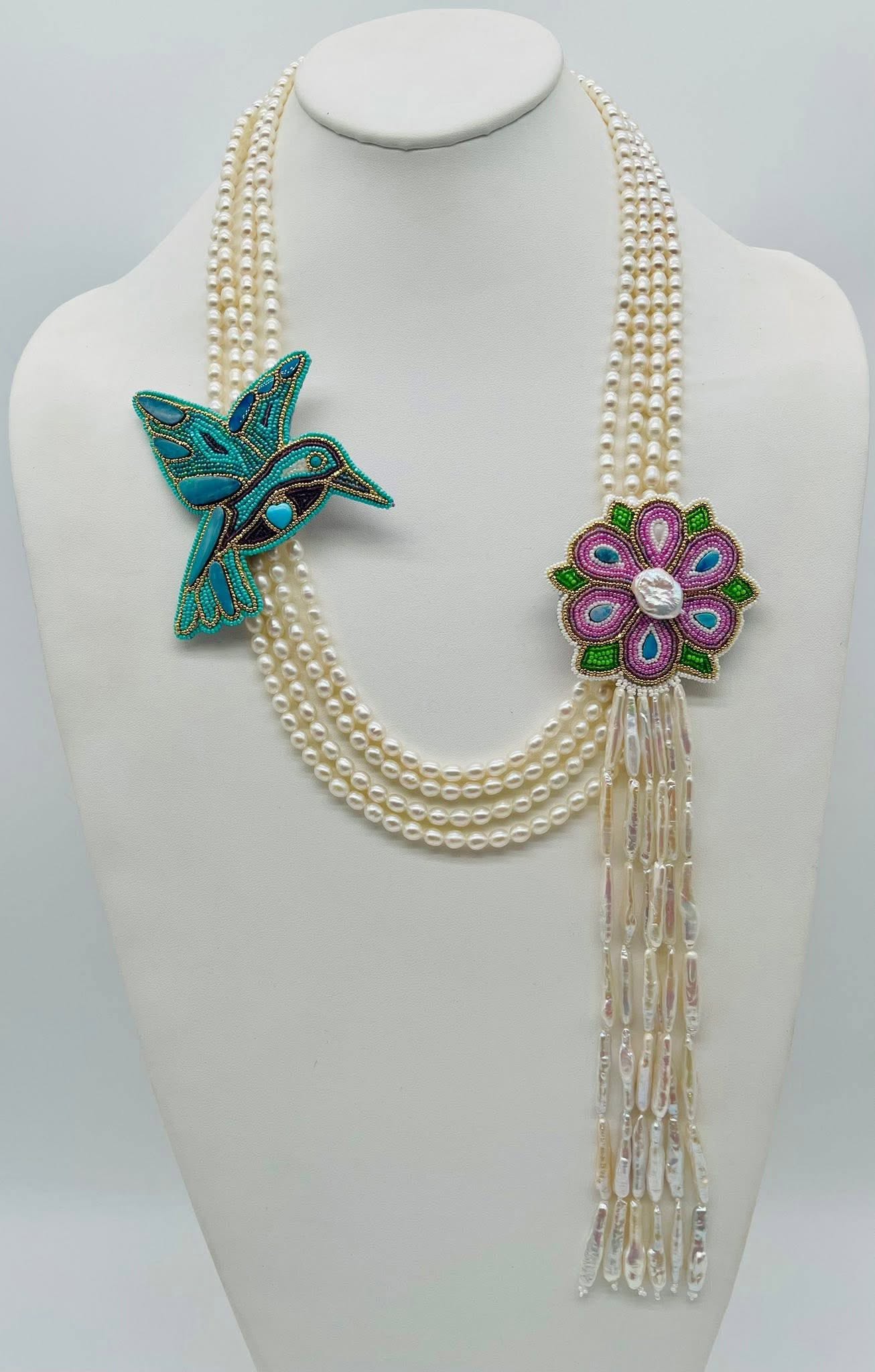 Zuni Jovanna Poblano Signed Pearl, Australian Opal & Turquoise Beaded Hummingbird Flower Bird Necklace 35/ - Image 2