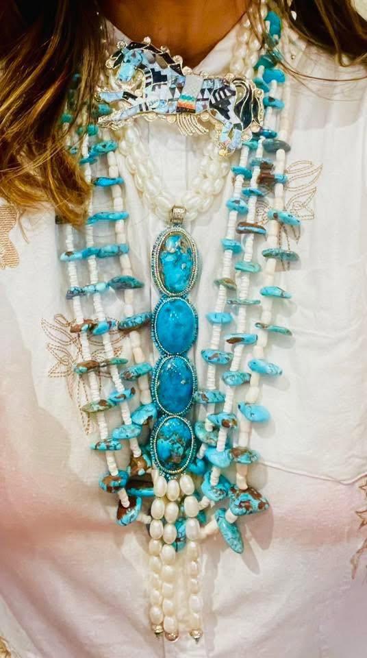 Zuni Jovanna Poblano Signed Beaded Natural Persian Turquoise & Pearls Lariat Necklace 41/ - Image 2