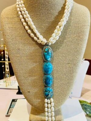 Zuni Jovanna Poblano Signed Beaded Natural Persian Turquoise & Pearls Lariat Necklace 41/
