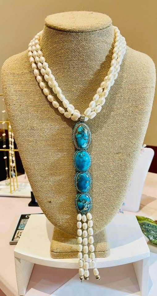 Zuni Jovanna Poblano Signed Beaded Natural Persian Turquoise & Pearls Lariat Necklace 41/