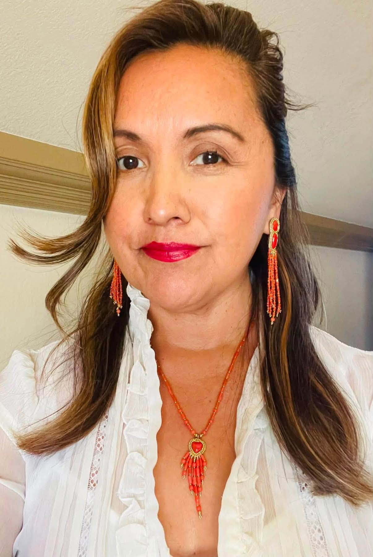 Zuni Jovanna Poblano Signed Gold Beaded Italian Coral Post Dangle Earrings 43/