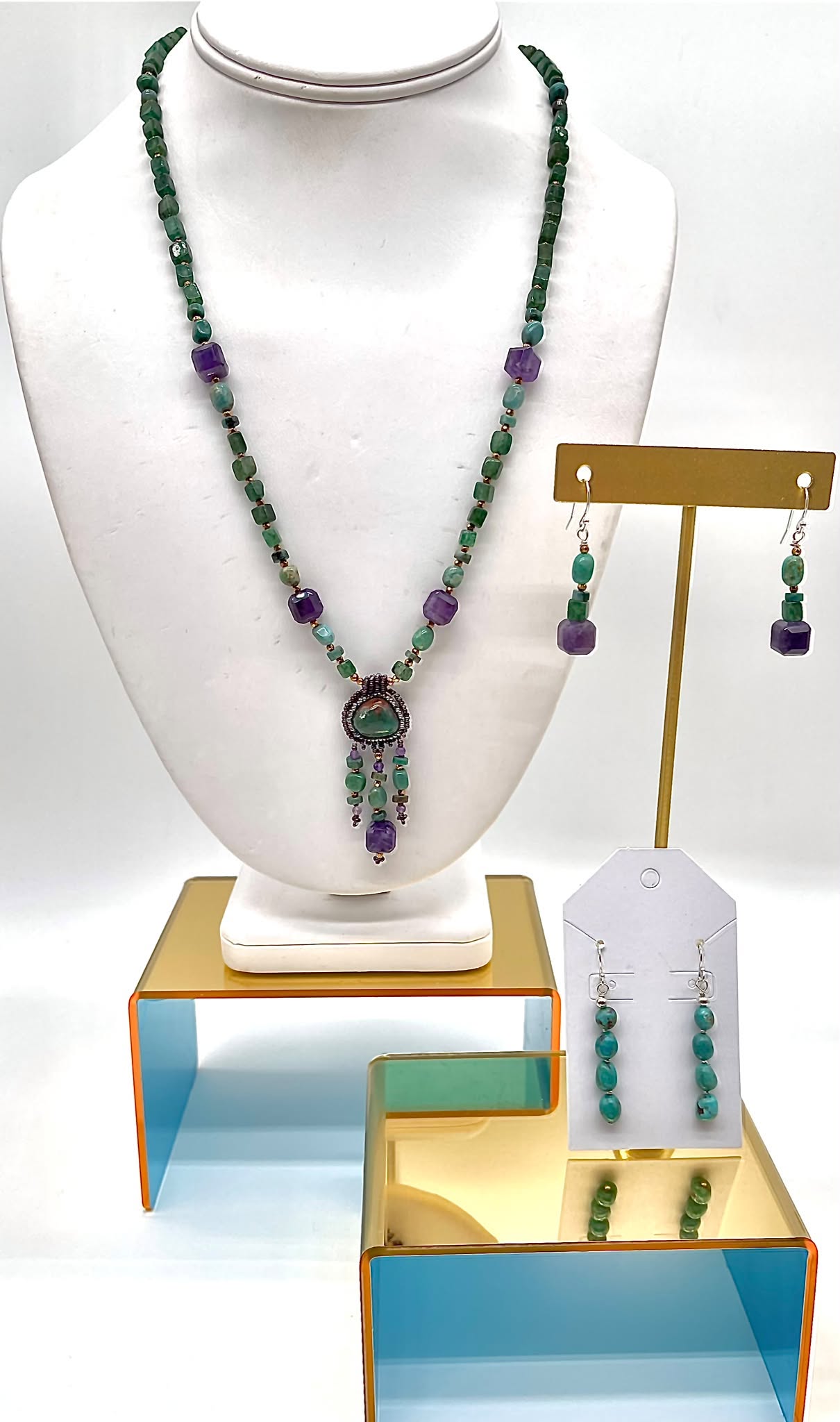 Zuni Jovanna Poblano Signed Beaded Turquoise Amethyst & Adventurine Necklace 44/ - Image 2