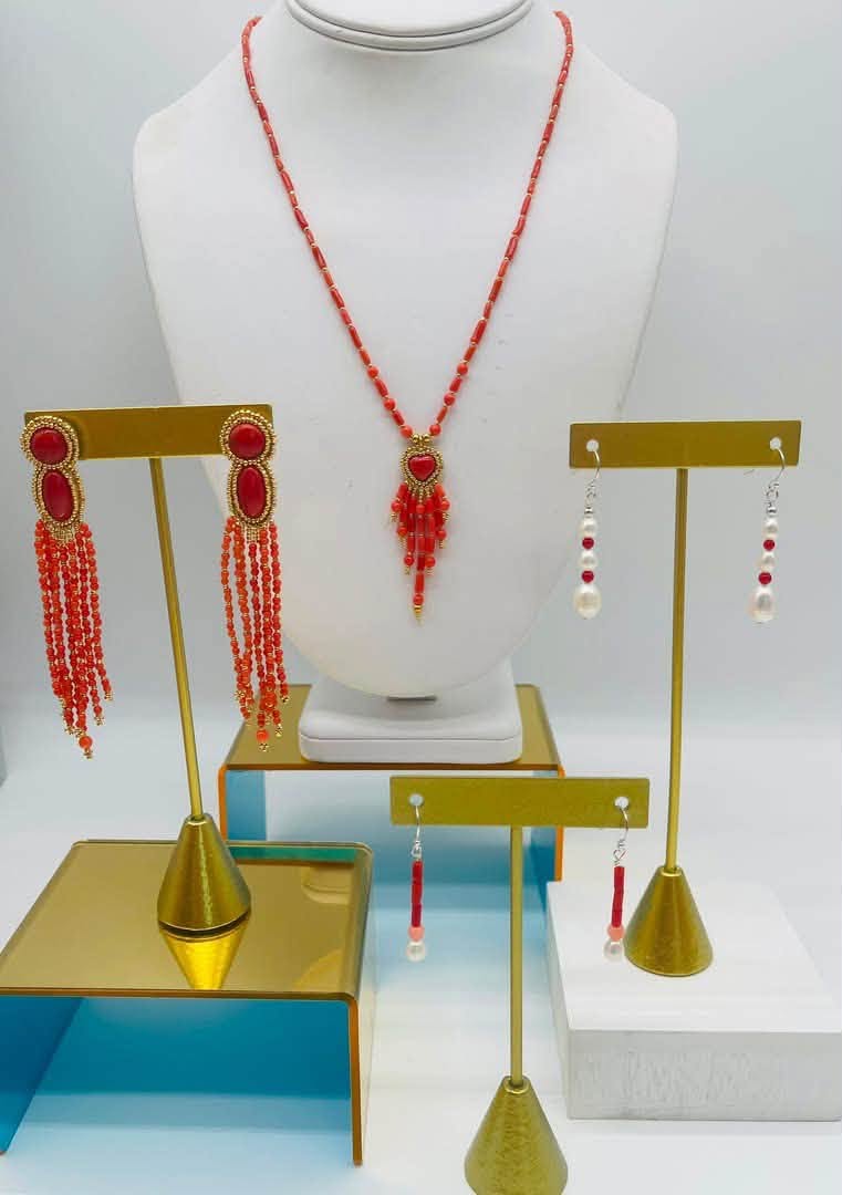 Zuni Jovanna Poblano Signed Gold Beaded Italian Coral Post Dangle Earrings 43/ - Image 3