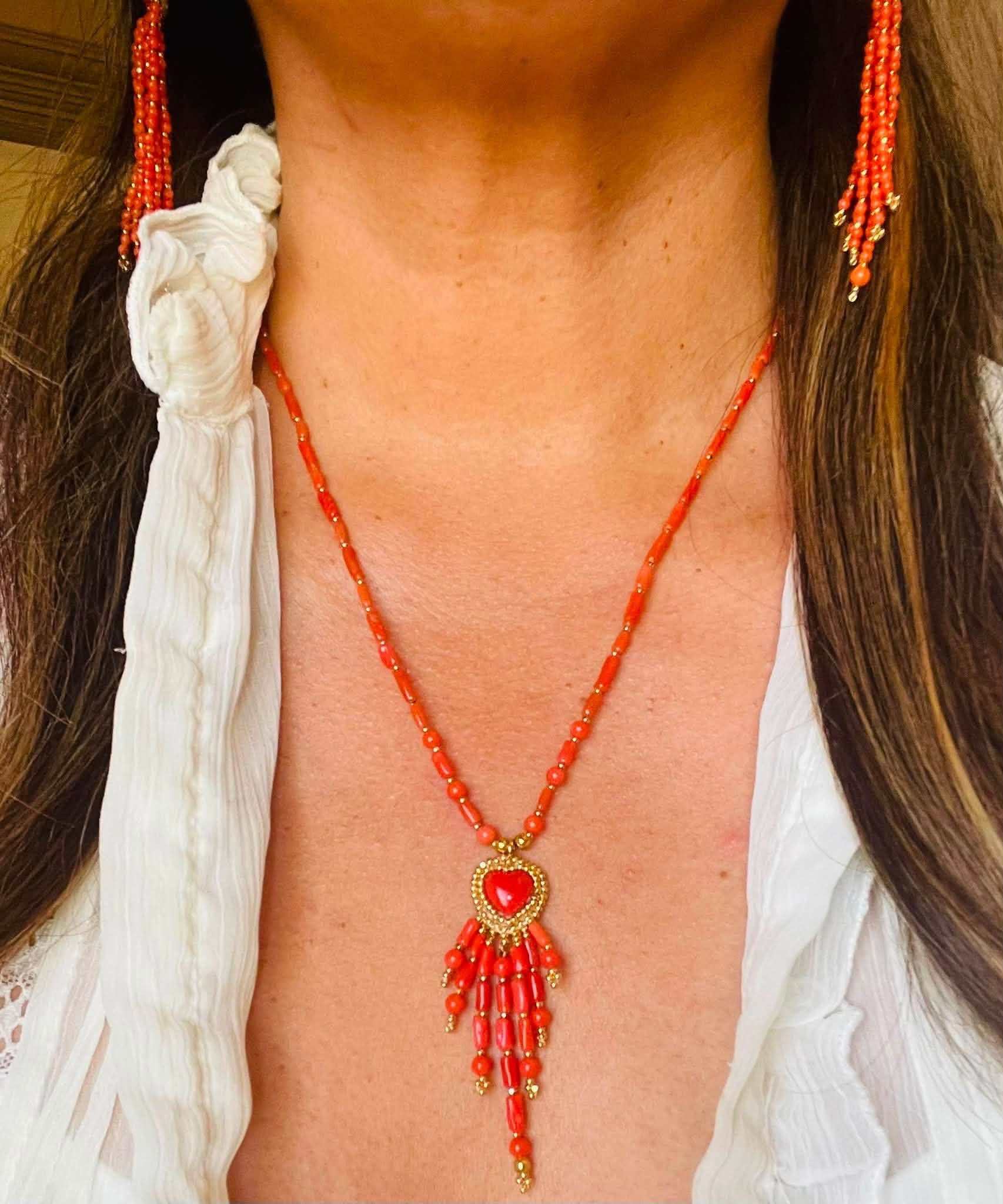 Zuni Jovanna Poblano Signed Gold Beaded Italian Coral Post Dangle Earrings 43/ - Image 2