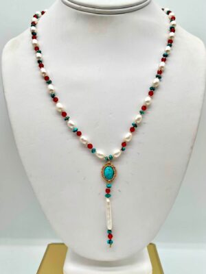 Zuni Jovanna Poblano Signed Beaded Turquoise Carnelian & Pearls Necklace 42/