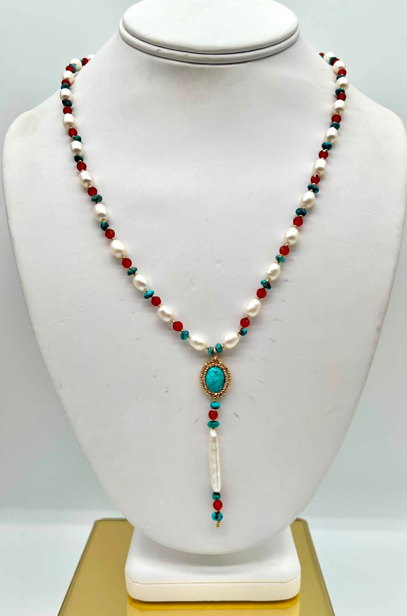 Zuni Jovanna Poblano Signed Beaded Turquoise Carnelian & Pearls Necklace 42/
