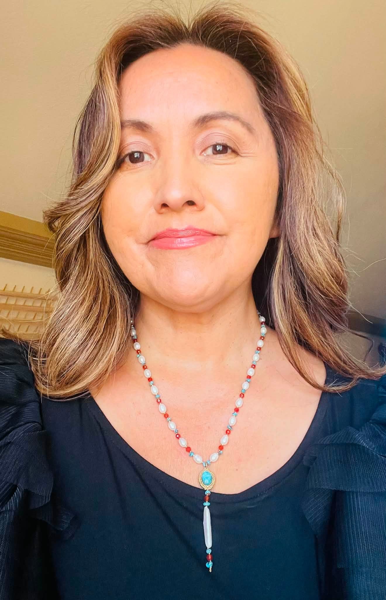 Zuni Jovanna Poblano Signed Beaded Turquoise Carnelian & Pearls Necklace 42/ - Image 2