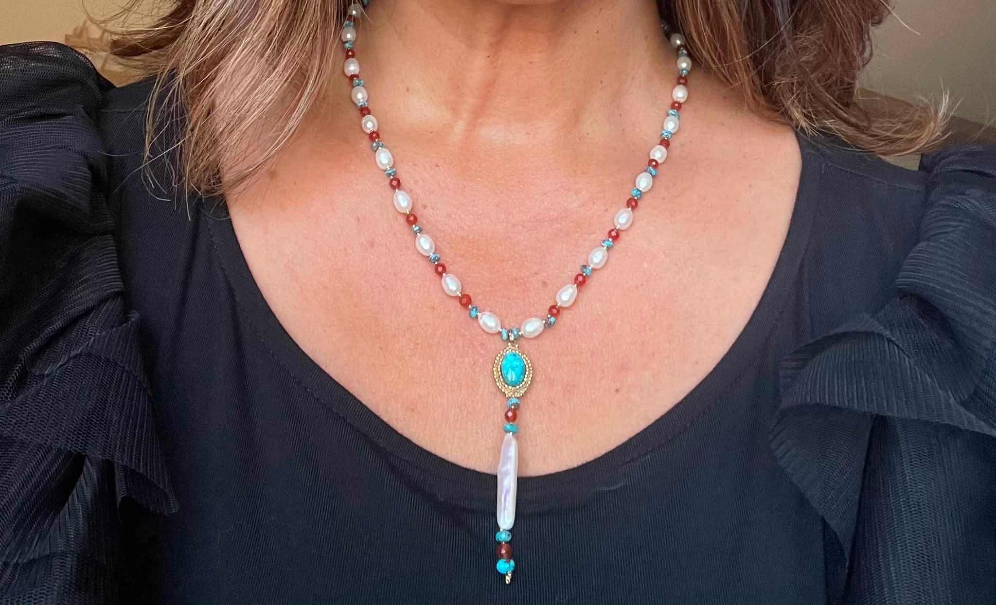 Zuni Jovanna Poblano Signed Beaded Turquoise Carnelian & Pearls Necklace 42/ - Image 3