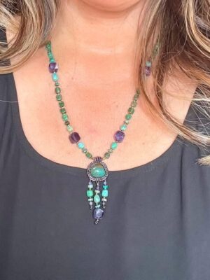 Zuni Jovanna Poblano Signed Beaded Turquoise Amethyst & Adventurine Necklace 44/