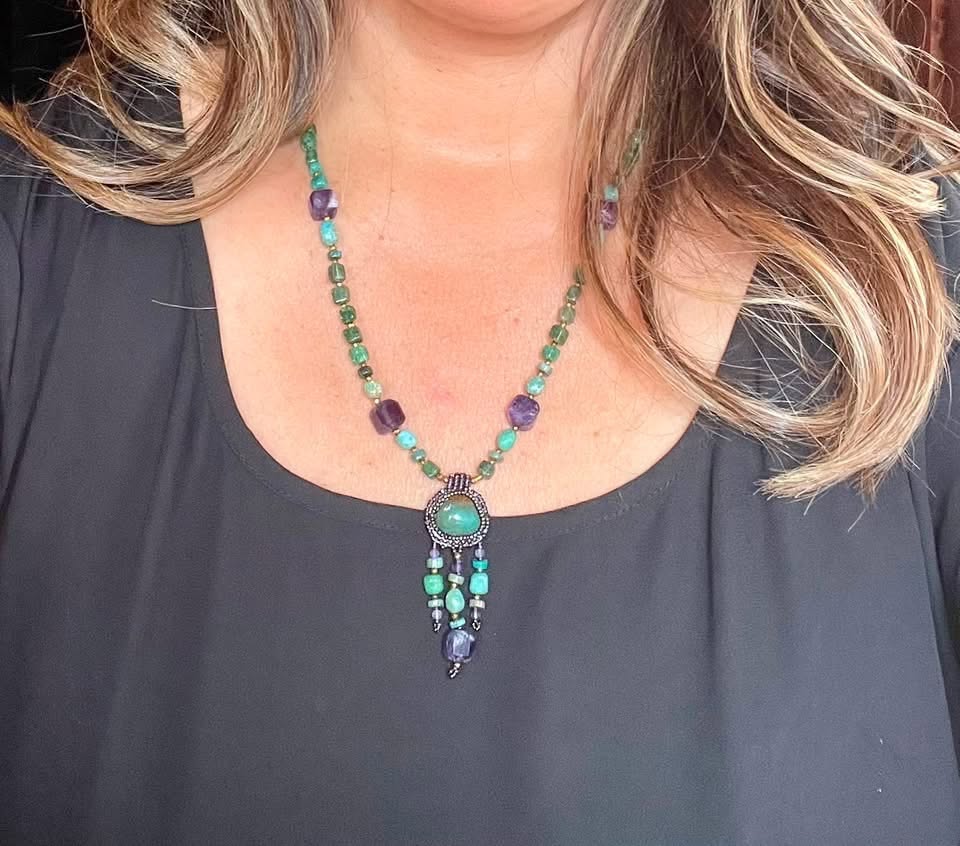 Zuni Jovanna Poblano Signed Beaded Turquoise Amethyst & Adventurine Necklace 44/