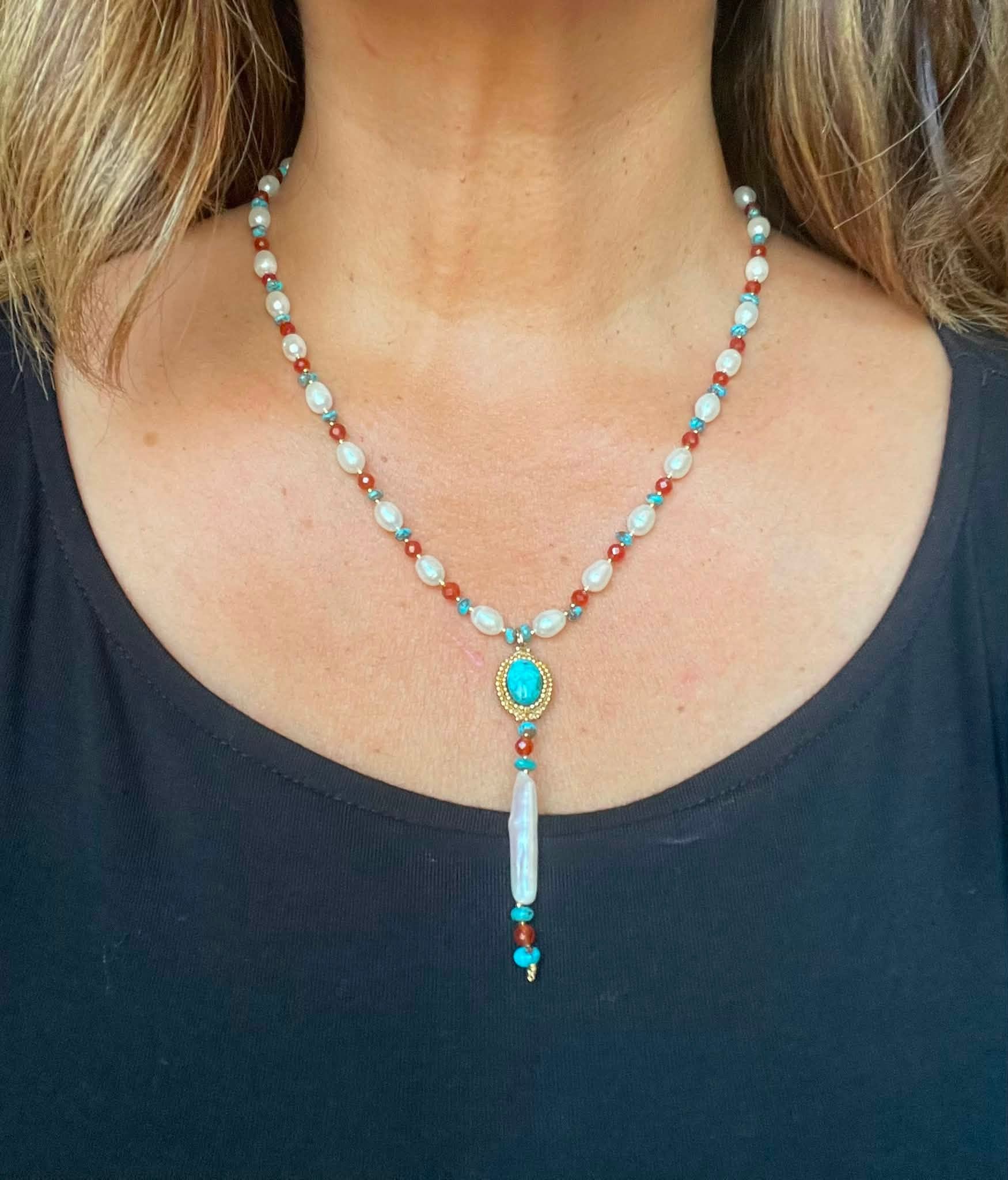 Zuni Jovanna Poblano Signed Beaded Turquoise Carnelian & Pearls Necklace 42/ - Image 5